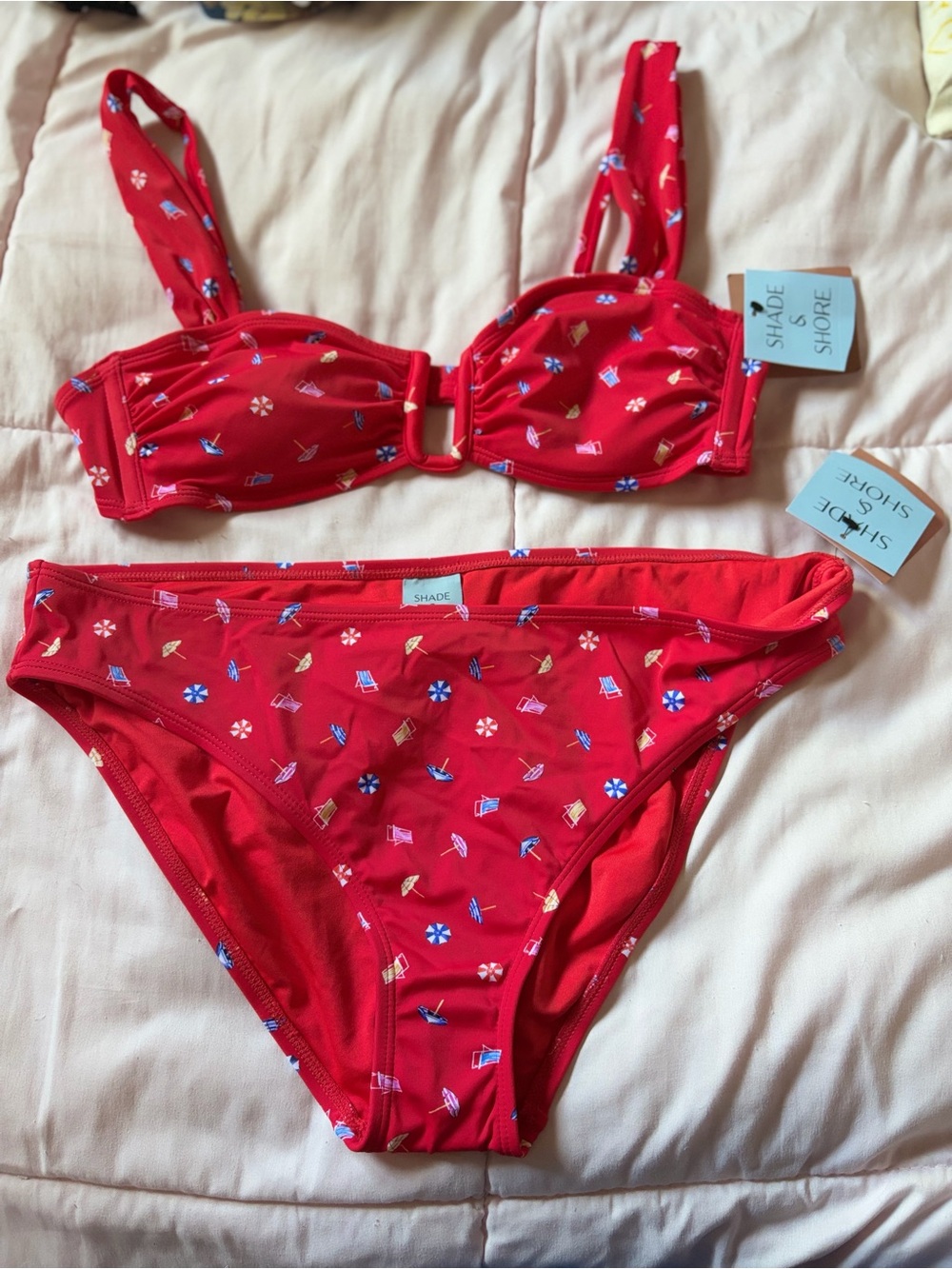 Shade & Shore Girls' Red Bikini Set with Mini Beach Print